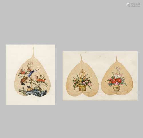 THREE CHINESE LEAF PAINTINGS BY LONGQUA DATED 1854 Two of flower baskets and a single one of a