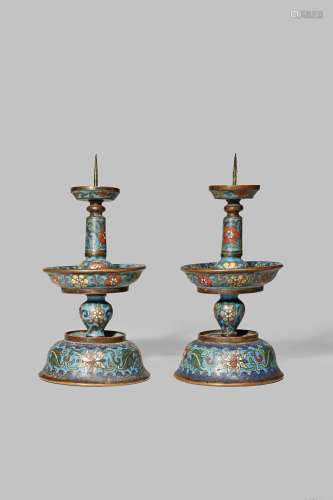 A PAIR OF CHINESE CLOISONNE PRICKET CANDLESTICKS QING DYNASTY Decorated with stylised lotus and