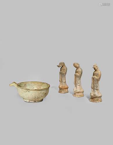 THREE CHINESE POTTERY ZODIAC FIGURES TANG DYNASTY 618-907 AD Standing, wearing long robes, their
