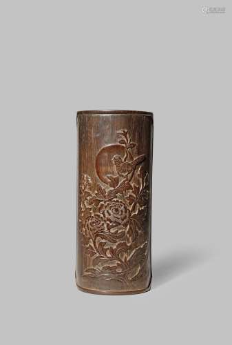 A BAMBOO BITONG 19TH CENTURY Carved in shallow relief, with a bird perched in a flowering peony bush