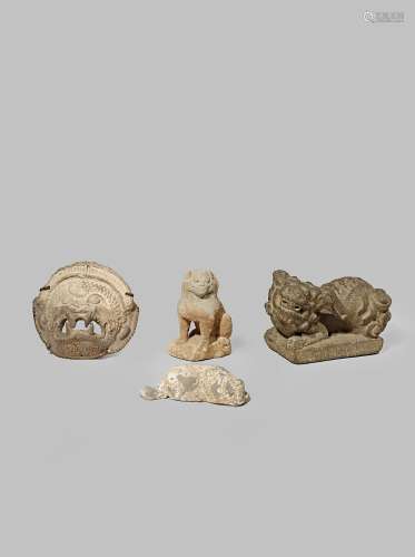 TWO CHINESE STONE AND TWO POTTERY ANIMAL FIGURES HAN DYNASTY AND LATER Comprising: a figure of a