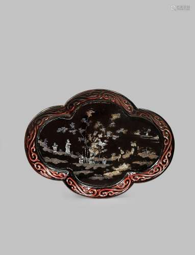 A CHINESE LAQUE BURGAUTE AND TIXI LACQUER QUATREFOIL DISH MING/QING DYNASTY Decorated with five