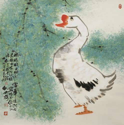FU HUA (1926-) STANDING GOOSE 20TH CENTURY Ink and pigments on paper, depicting a standing goose