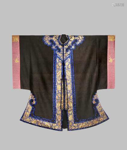 A CHINESE BLACK SILK SUMMER SURCOAT LATE QING DYNASTY With royal blue border embroidered with