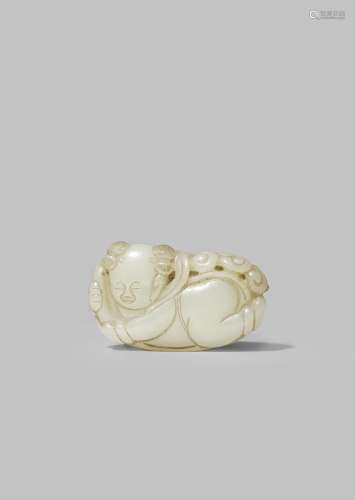 A CHINESE WHITE JADE CARVING OF A BOY QING DYNASTY Carved with his hair in two buns to the sides