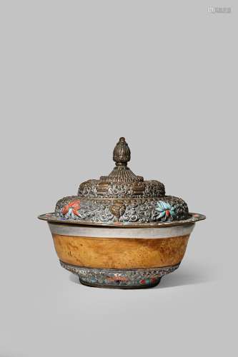 A TIBETAN BURR-WOOD AND EMBOSSED METAL-MOUNTED BOWL AND COVER 19TH CENTURY The mounts decorated with