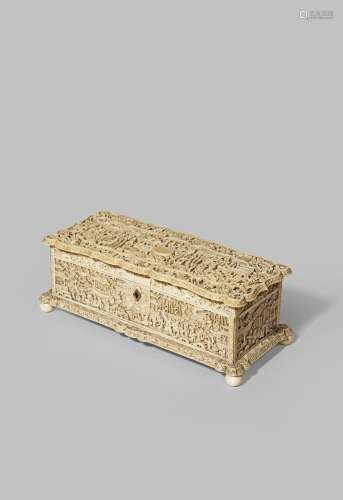 A CHINESE CANTON IVORY CASKET 19TH CENTURY All intricately carved with figures among trees and