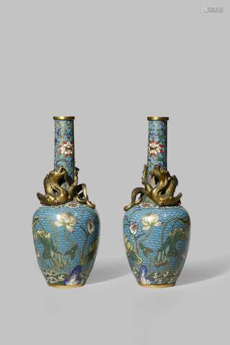 A PAIR OF CHINESE CLOISONNE AND GILT BRONZE 'DRAGON' BOTTLE VASES 19TH CENTURY Each with an ovoid