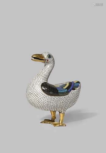 A CHINESE CLOISONNE ENAMEL DUCK 19TH CENTURY Standing, looking forward, with an open beak, a white