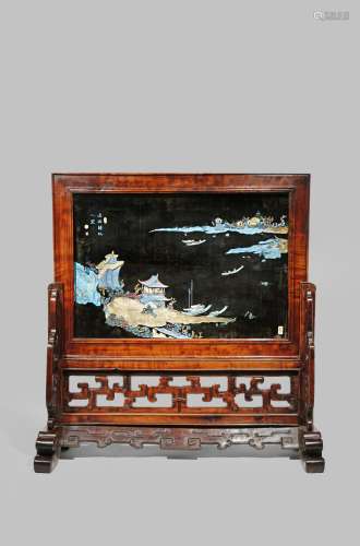 A RARE CHINESE KINGFISHER FEATHER TABLE SCREEN QING DYNASTY Depicting a river landscape with a