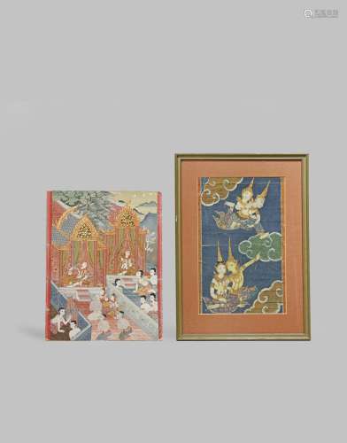 TWO THAI PAINTINGS 19TH/20TH CENTURY One depicting adoration of the royal couple in a palace, the