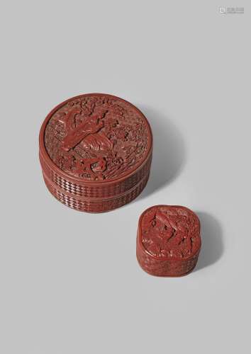 TWO CHINESE CINNABAR LACQUER BOXES AND COVERS QING DYNASTY The larger circular, with two ladies in a
