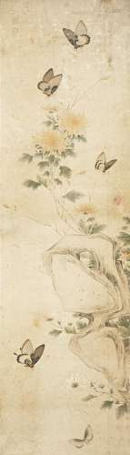 A CHINESE PAINTING ON PAPER 18TH/19TH CENTURY Depicting five butterflies and a spray of