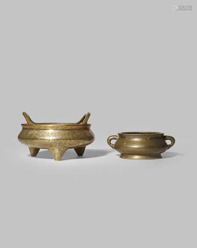 TWO CHINESE BRONZE INCENSE BURNERS QING DYNASTY The larger with a flattened circular body engraved