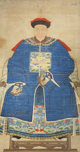 A CHINESE ANCESTOR PAINTING ON PAPER QING DYNASTY Depicting a ninth rank civil official wearing a