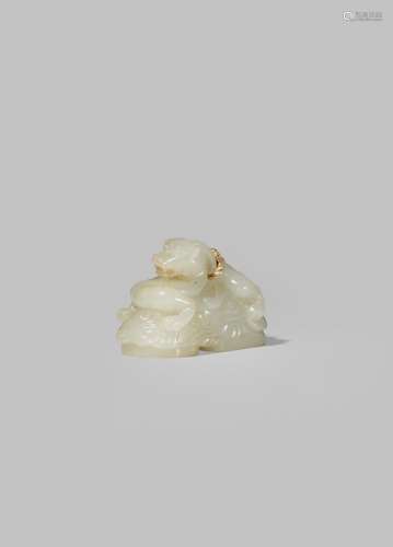 A CHINESE PALE CELADON JADE UNCUT DOUBLE SEAL QING DYNASTY OR LATER The top carved with a chilong