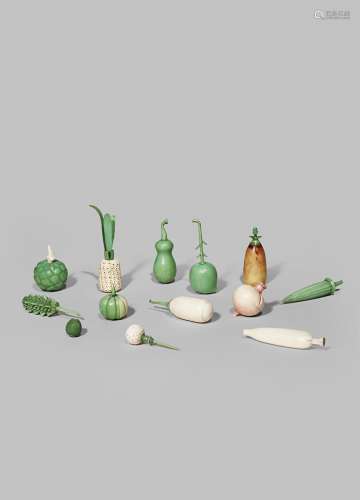 ELEVEN INDIAN IVORY MODELS OF FRUIT AND VEGETABLES LATE 19TH CENTURY Naturalistically carved and