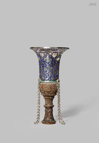 AN INDIAN ENAMELLED SILVER AND WOOD HOOKAH CUP TOP 19TH CENTURY With an intricately carved stem