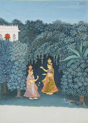 AN INDIAN MINIATURE PAINTING OF TWO LADIES 19TH CENTURY On paper, with two ladies engaged in a