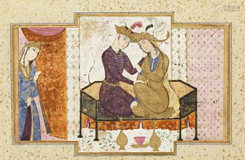 AN INDIAN MINIATURE PAINTING OF LOVERS 17TH/18TH CENTURY Depicting a couple in rich robes and gold