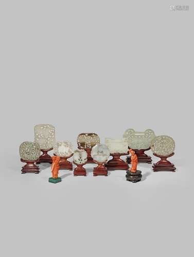 NINE CHINESE JADE PLAQUES AND TWO CORAL FIGURES QING DYNASTY Variously decorated with deer, figures,