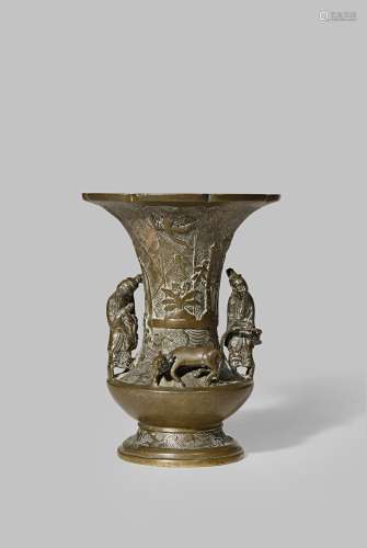 A CHINESE BRONZE VASE LATE MING DYNASTY The flared neck cast with pine, bamboo and rohdea, the