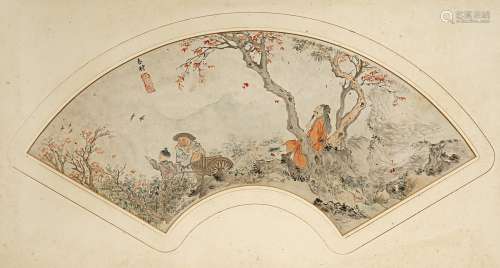A CHINESE PAINTED PAPER FAN PANEL QING DYNASTY Depicting a scholar and two farmers in a