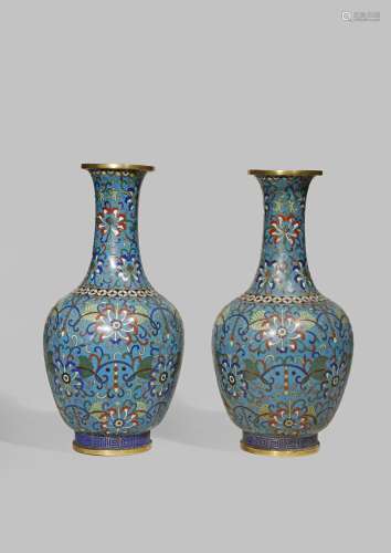 A PAIR OF CHINESE CLOISONNE BOTTLE VASES 19TH CENTURY Each decorated with stylised lotus flowerheads