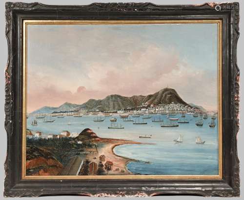 CHINESE SCHOOL, THE BRITISH FLEET ANCHORED AT HONG KONG 19TH CENTURY Oil on canvas, a view of Hong