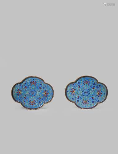A PAIR OF CHINESE ENAMEL QUATRE-LOBED TRAYS FOUR CHARACTER QIANLONG MARKS AND OF THE PERIOD 1736-