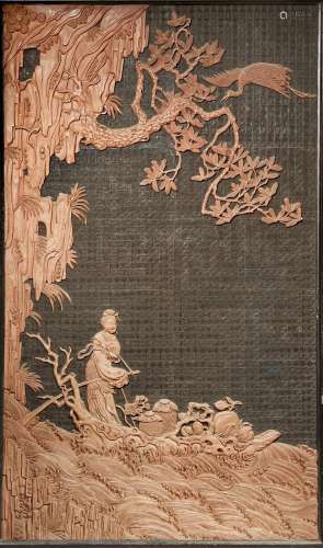 A CHINESE LACQUER PANEL PROBABLY LATE QING DYNASTY Carved in brown lacquer with Magu on a raft
