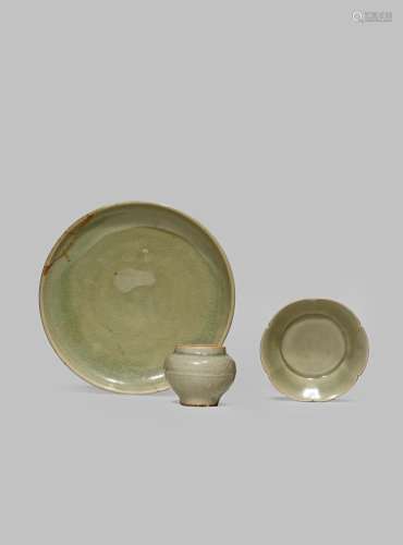 A CHINESE GREEN JUN DISH AND TWO CELADON ITEMS SONG DYNASTY AND LATER The dish raised on a small