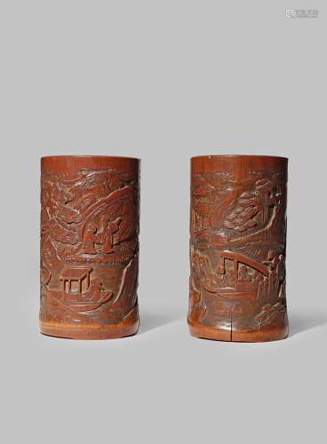 A PAIR OF CHINESE BAMBOO BITONGS PROBABLY LATE QING DYNASTY Each carved in shallow relief with small