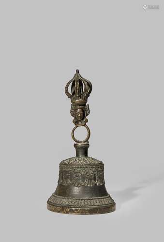 A CHINESE BRONZE RITUAL BELL, GHANTA QING DYNASTY Cast with Sanskrit characters enclosed in lappets,