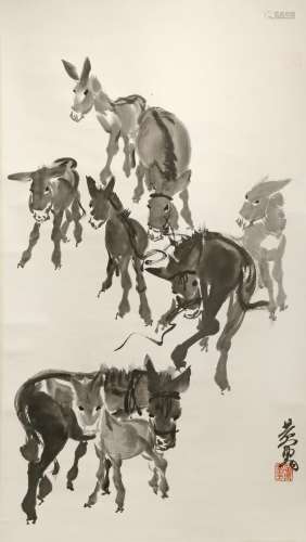 TWO CHINESE SCROLL PAINTINGS ON PAPER 20TH CENTURY One depicting five running horses, the other with