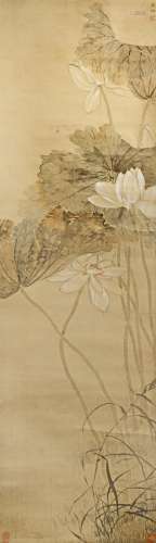 THREE CHINESE SCROLL PAINTINGS 19TH AND 20TH CENTURY Two on silk, depicting flowering lotus and a
