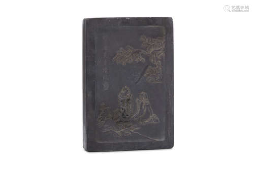 A CHINESE CARVED DUAN INKSTONE. Incised on one side with a scholar in a garden, wood covers, 2 x