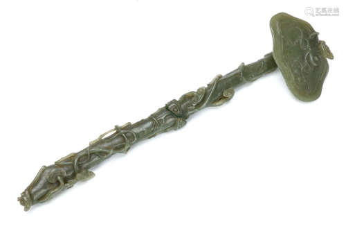 A CHINESE CARVED JADE 'LINGZHI' RUYI SCEPTRE. Qing Dynasty. Terminating in a large lingzhi head with