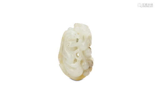 A CHINESE JADE 'SQUIRREL AND GRAPES' CARVING. Qing Dynasty. Carved and pierced with a squirrel