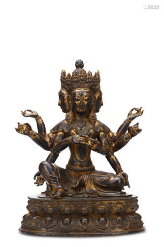 A THREE-HEATED SEATED BRONZE FIGURE. 48cm H. 三頭銅坐像