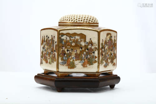 A SATSUMA KORO AND COVER BY KUSUNOBE. Meiji period. Each panel of the hexagonal body delicately