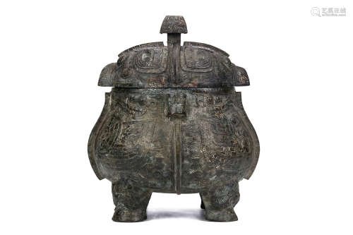 A CHINESE BRONZE OWL RITUAL VESSEL, XIAO YOU. Ming Dynasty, or later. Cast in the form of two