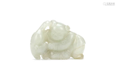 A CHINESE CELADON JADE 'BOY AND CAT' JADE CARVING. Qing Dynasty, 18th Century. The two huddled