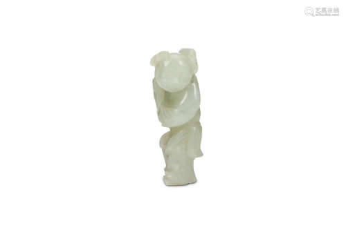 A CHINESE CELADON JADE CARVING OF A BOY HOLDING A RUYI SCEPTRE. Qing Dynasty. 6cm H. 清   青玉雕童子持如意像