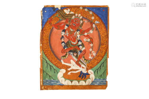 A PAINTING OF KURUKULLA. Tibet, 19th Century. The goddess standing in ardhaparyankasana, trampling