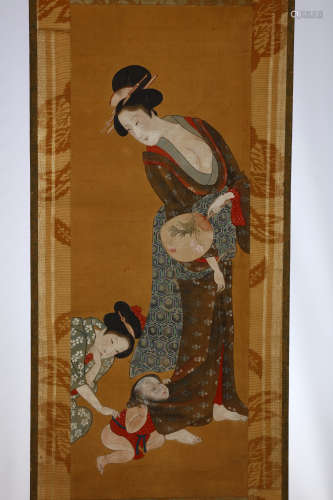 UTAMARO SCHOOL. 19th Century. Ink, gofun and colour on silk, depicting a baby clinging to his