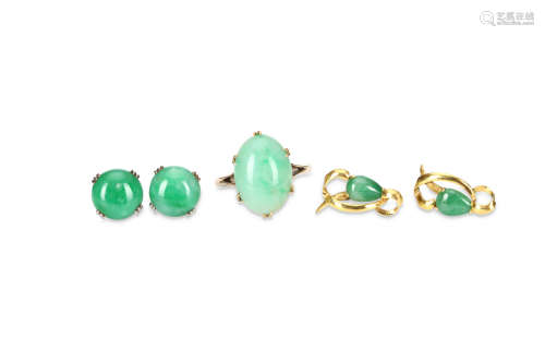 A COLLECTION OF CHINESE JADEITE JEWELLERY. Comprising two pairs of earrings and a ring.  (5)
