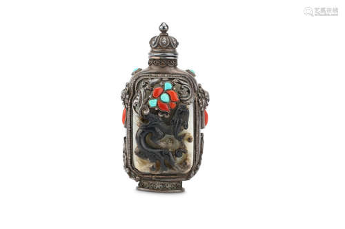 A MONGOLIAN-STYLE JADE-INSET SILVER SNUFF BOTTLE AND COVER. The bottle 19th Century, the jade panels