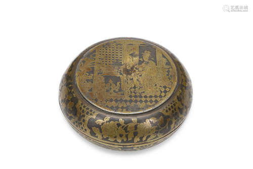 A CHINESE PARCEL GILT PEWTER CIRCULAR BOX AND COVER. Early Qing Dynasty. A circular roundel to the