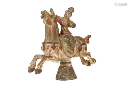 A CHINESE STONE FIGURE OF A LADY RIDING A HORSE. The horse with head raised, the front and back legs